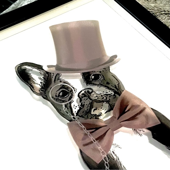 Frenchie Etched Glass Box Frame ◈ Monsieur Dapper Bow Tie Hat - Picture 2 of 4
